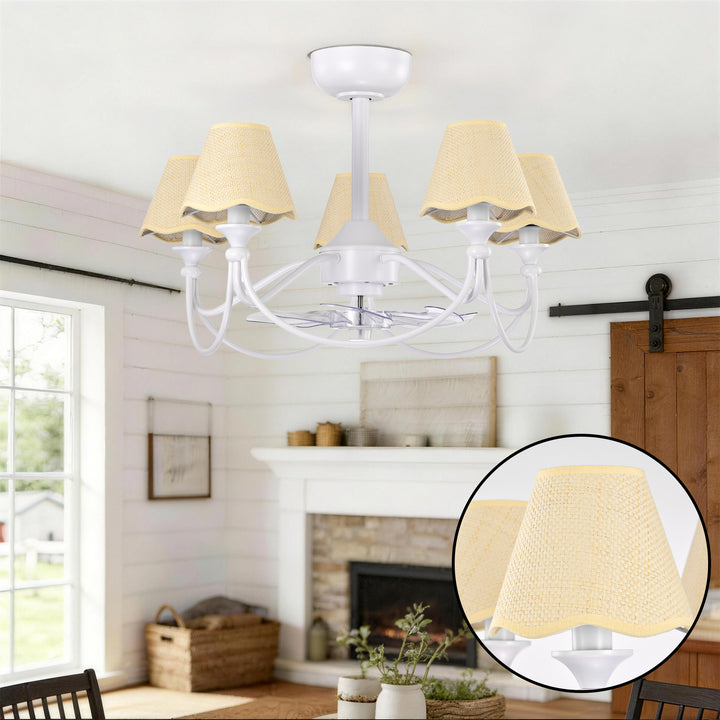 Lustre 28" 5-Light Modern Remote Control Paint Sand Black With Beige Fabric Shade Adjustable Length Fandelier Ceiling Fan With Lighting Kits For Living Room/Bedroom #26014