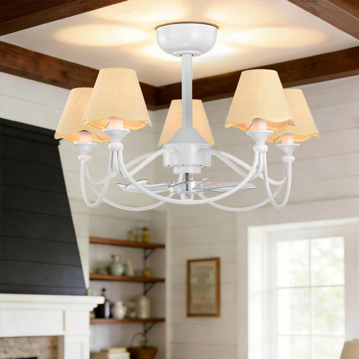 Lustre 28" 5-Light Modern Remote Control Paint Sand Black With Beige Fabric Shade Adjustable Length Fandelier Ceiling Fan With Lighting Kits For Living Room/Bedroom #26014