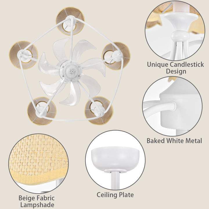 Lustre 28" 5-Light Modern Remote Control Paint Sand Black With Beige Fabric Shade Adjustable Length Fandelier Ceiling Fan With Lighting Kits For Living Room/Bedroom #26014