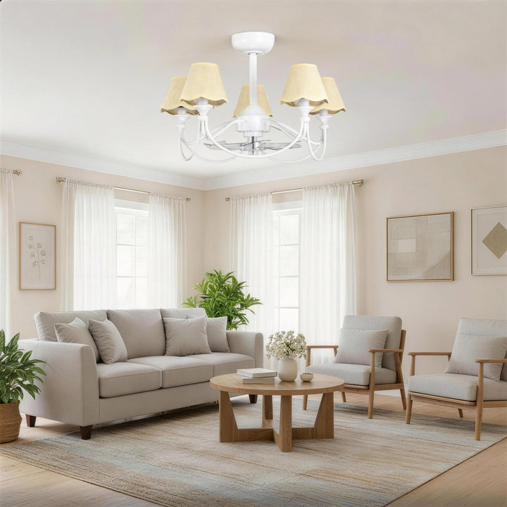 Lustre 28" 5-Light Modern Remote Control Paint Sand Black With Beige Fabric Shade Adjustable Length Fandelier Ceiling Fan With Lighting Kits For Living Room/Bedroom #26014