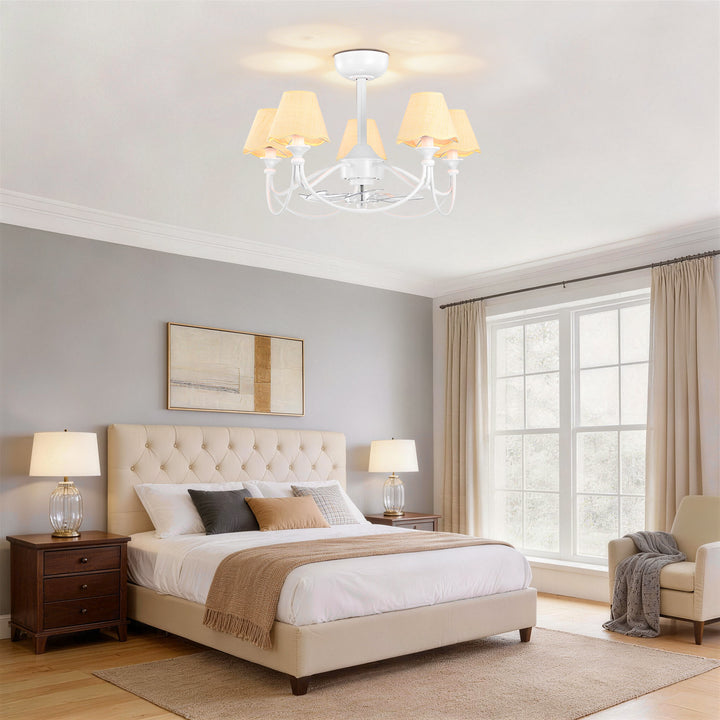 Lustre 28" 5-Light Modern Remote Control Paint Sand Black With Beige Fabric Shade Adjustable Length Fandelier Ceiling Fan With Lighting Kits For Living Room/Bedroom #26014