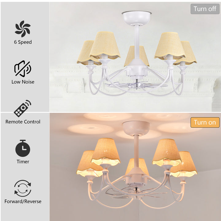 Lustre 28" 5-Light Modern Remote Control Paint Sand Black With Beige Fabric Shade Adjustable Length Fandelier Ceiling Fan With Lighting Kits For Living Room/Bedroom #26014