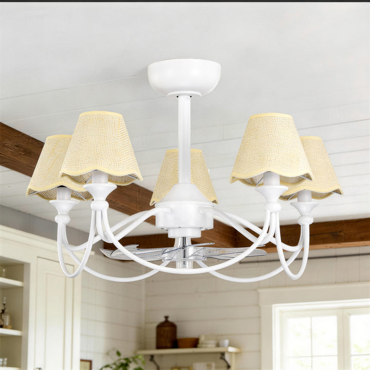 Lustre 28" 5-Light Modern Remote Control Paint Sand Black With Beige Fabric Shade Adjustable Length Fandelier Ceiling Fan With Lighting Kits For Living Room/Bedroom #26014