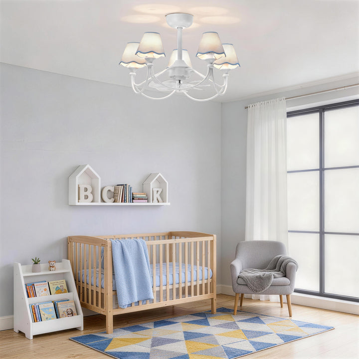 Lustre 28" 5-Light Modern Remote Control Paint Sand Black With Beige Fabric Shade Adjustable Length Fandelier Ceiling Fan With Lighting Kits For Living Room/Bedroom #26014