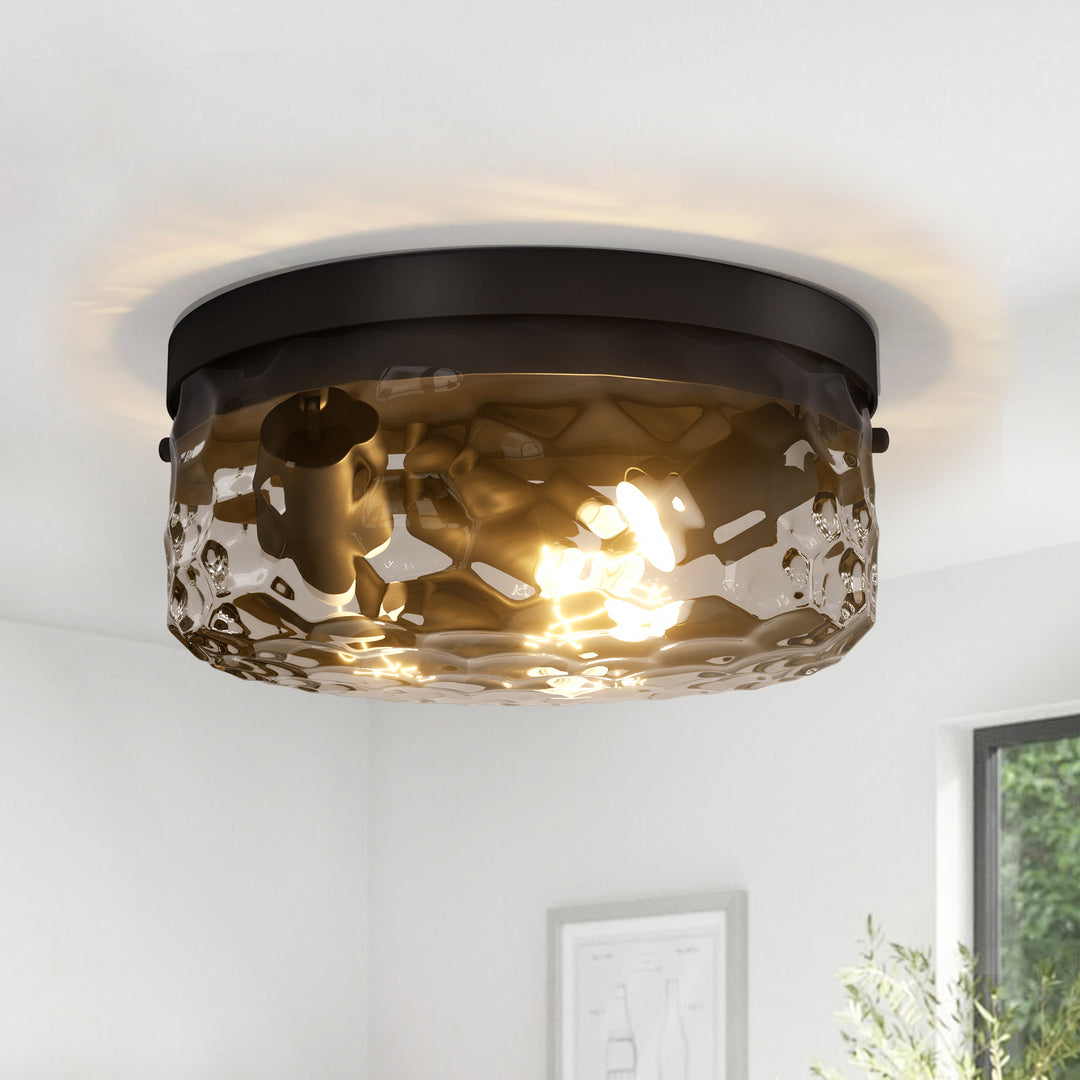 12''-3 Lights Metal And Glass Drum Dimmable Flush Mount Lighting For Bedroom #27007-3BK-P