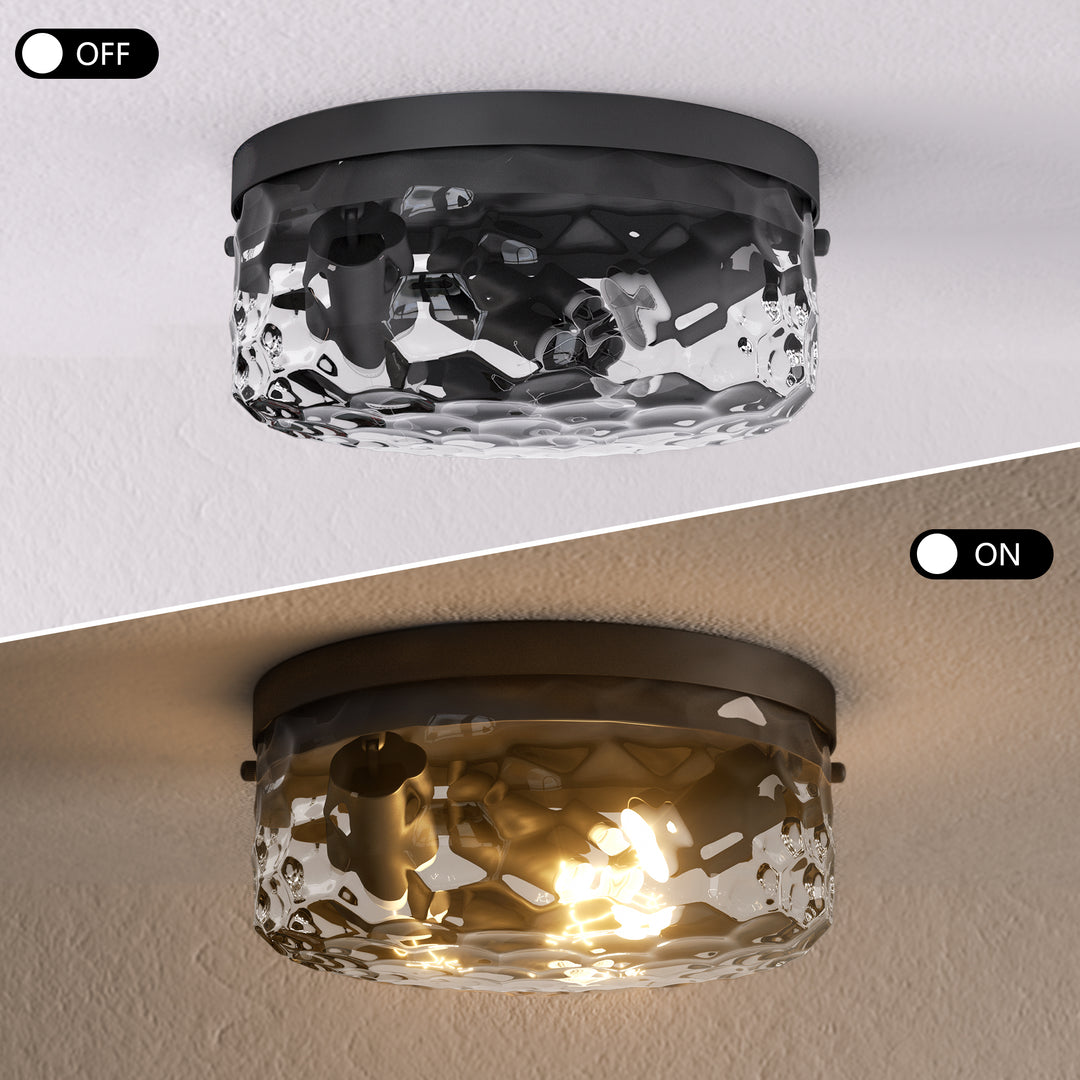 12''-3 Lights Metal And Glass Drum Dimmable Flush Mount Lighting For Bedroom #27007-3BK-P