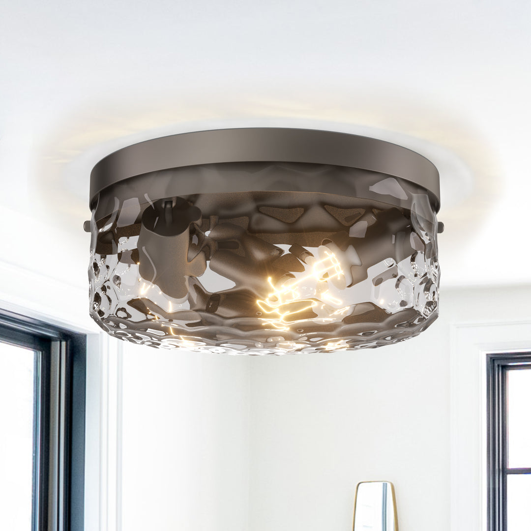 12''-3 Lights Metal And Glass Drum Dimmable Flush Mount Lighting For Bedroom #27007-3BK-P