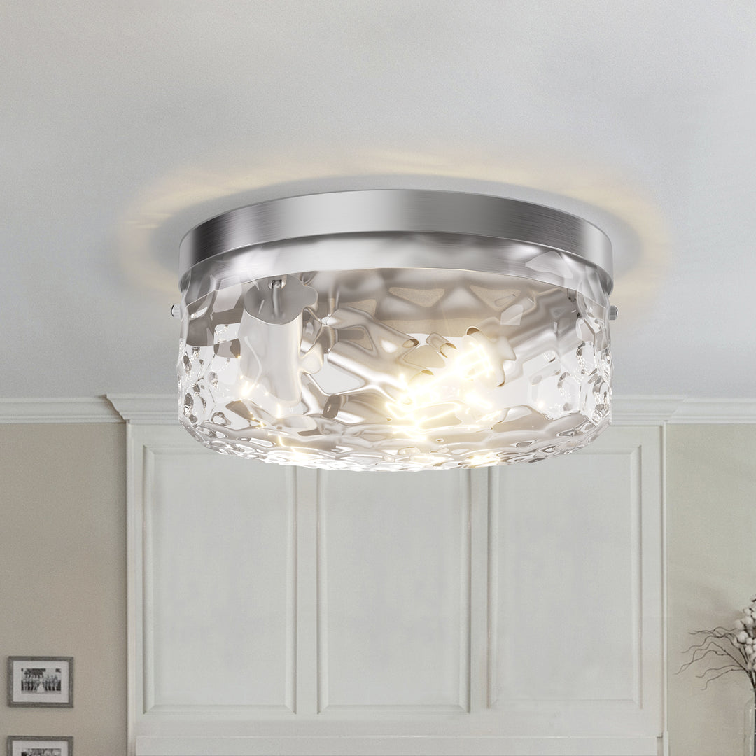 12''-3 Lights Metal And Glass Drum Dimmable Flush Mount Lighting For Bedroom #27007-3BK-P