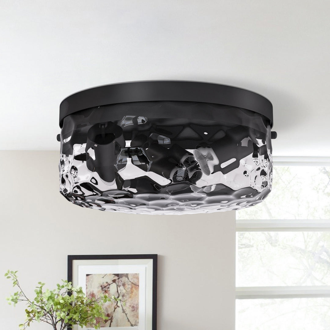 12''-3 Lights Metal And Glass Drum Dimmable Flush Mount Lighting For Bedroom #27007-3BK-P