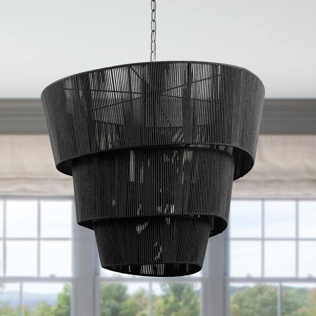 Shine 8 - Light 30"W Polished Brass Modern 3 Tiered Drum Chandelier With Rattan Shade For Dining Room Or Living Room #27009