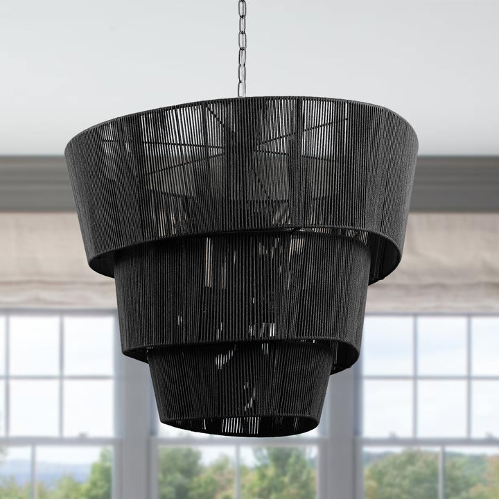 Shine 8 - Light 30"W Polished Brass Modern 3 Tiered Drum Chandelier With Rattan Shade For Dining Room Or Living Room #27009