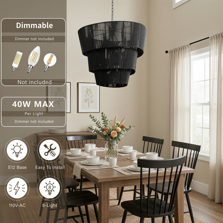 Shine 8 - Light 30"W Polished Brass Modern 3 Tiered Drum Chandelier With Rattan Shade For Dining Room Or Living Room #27009