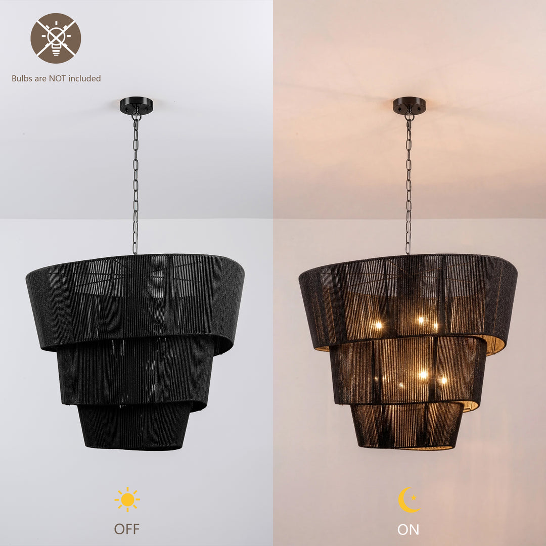 Shine 8 - Light 30"W Polished Brass Modern 3 Tiered Drum Chandelier With Rattan Shade For Dining Room Or Living Room #27009