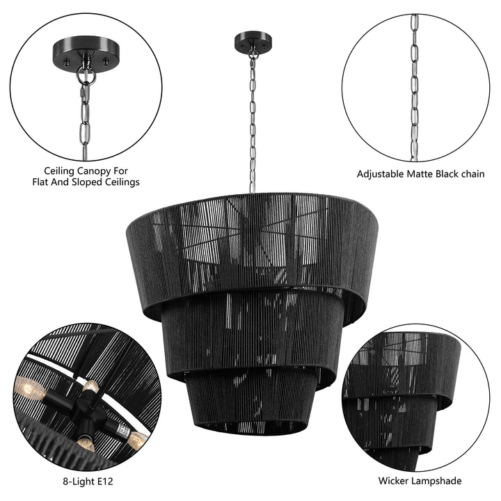 Shine 8 - Light 30"W Polished Brass Modern 3 Tiered Drum Chandelier With Rattan Shade For Dining Room Or Living Room #27009