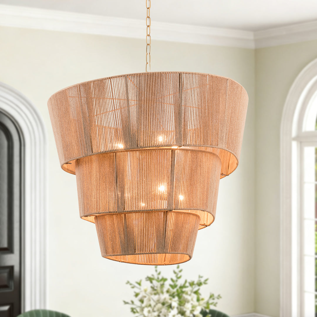 Shine 8 - Light 30"W Polished Brass Modern 3 Tiered Drum Chandelier With Rattan Shade For Dining Room Or Living Room #27009