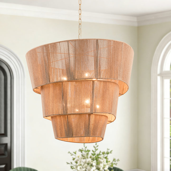 Shine 8 - Light 30"W Polished Brass Modern 3 Tiered Drum Chandelier With Rattan Shade For Dining Room Or Living Room #27009