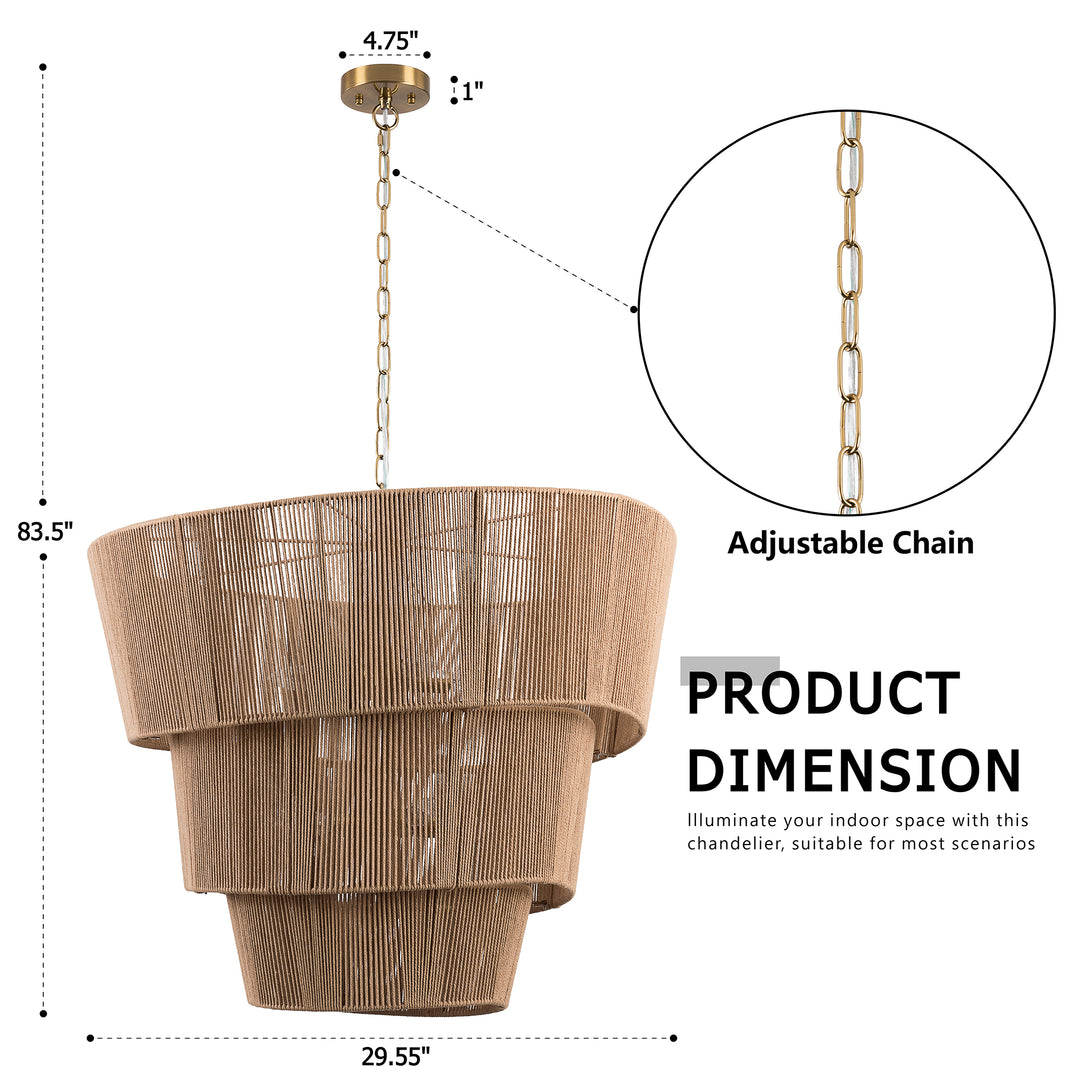 Shine 8 - Light 30"W Polished Brass Modern 3 Tiered Drum Chandelier With Rattan Shade For Dining Room Or Living Room #27009