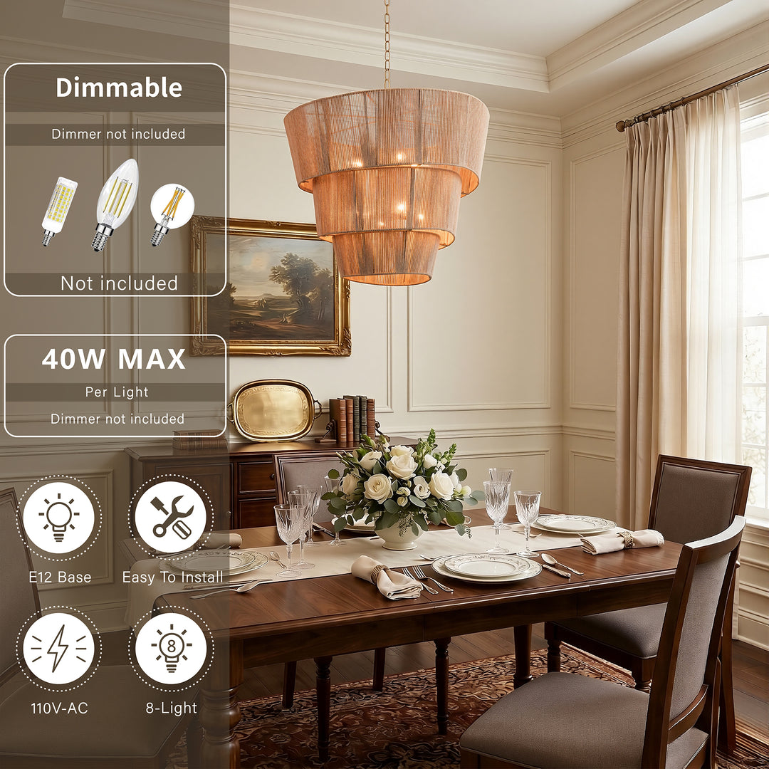Shine 8 - Light 30"W Polished Brass Modern 3 Tiered Drum Chandelier With Rattan Shade For Dining Room Or Living Room #27009