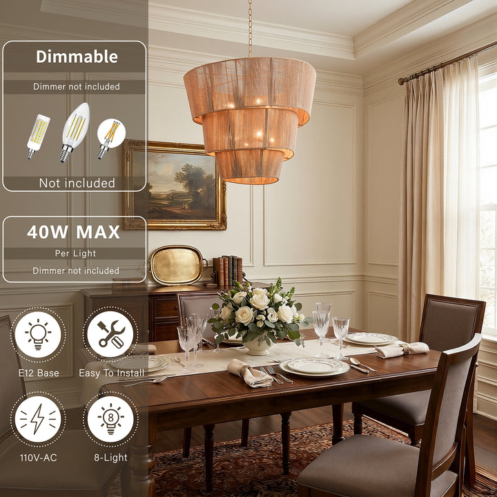 Shine 8 - Light 30"W Polished Brass Modern 3 Tiered Drum Chandelier With Rattan Shade For Dining Room Or Living Room #27009