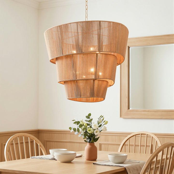 Shine 8 - Light 30"W Polished Brass Modern 3 Tiered Drum Chandelier With Rattan Shade For Dining Room Or Living Room #27009
