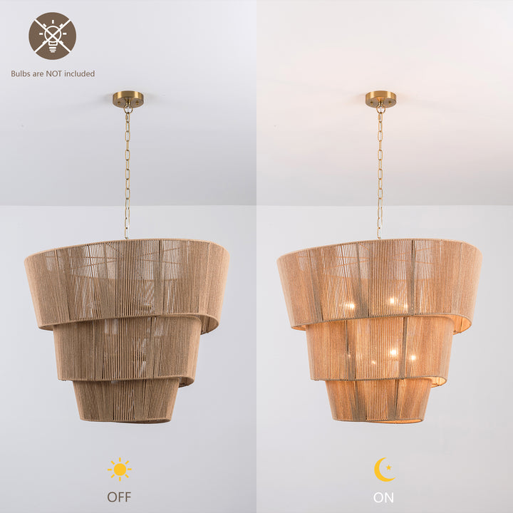 Shine 8 - Light 30"W Polished Brass Modern 3 Tiered Drum Chandelier With Rattan Shade For Dining Room Or Living Room #27009