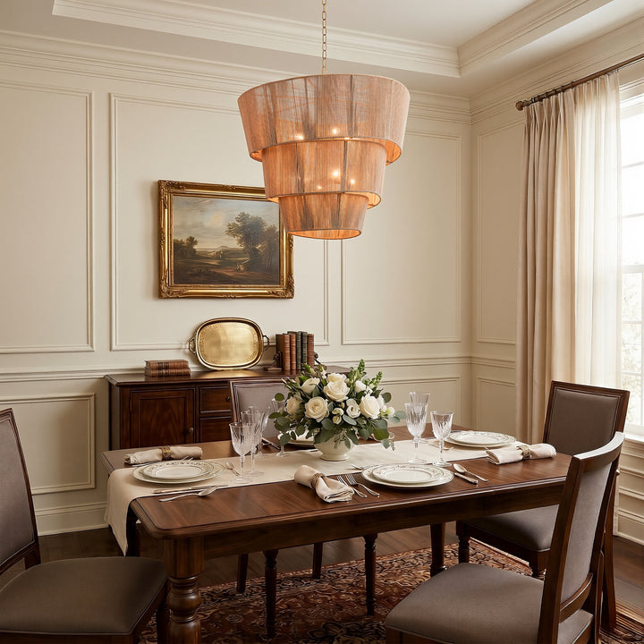 Shine 8 - Light 30"W Polished Brass Modern 3 Tiered Drum Chandelier With Rattan Shade For Dining Room Or Living Room #27009