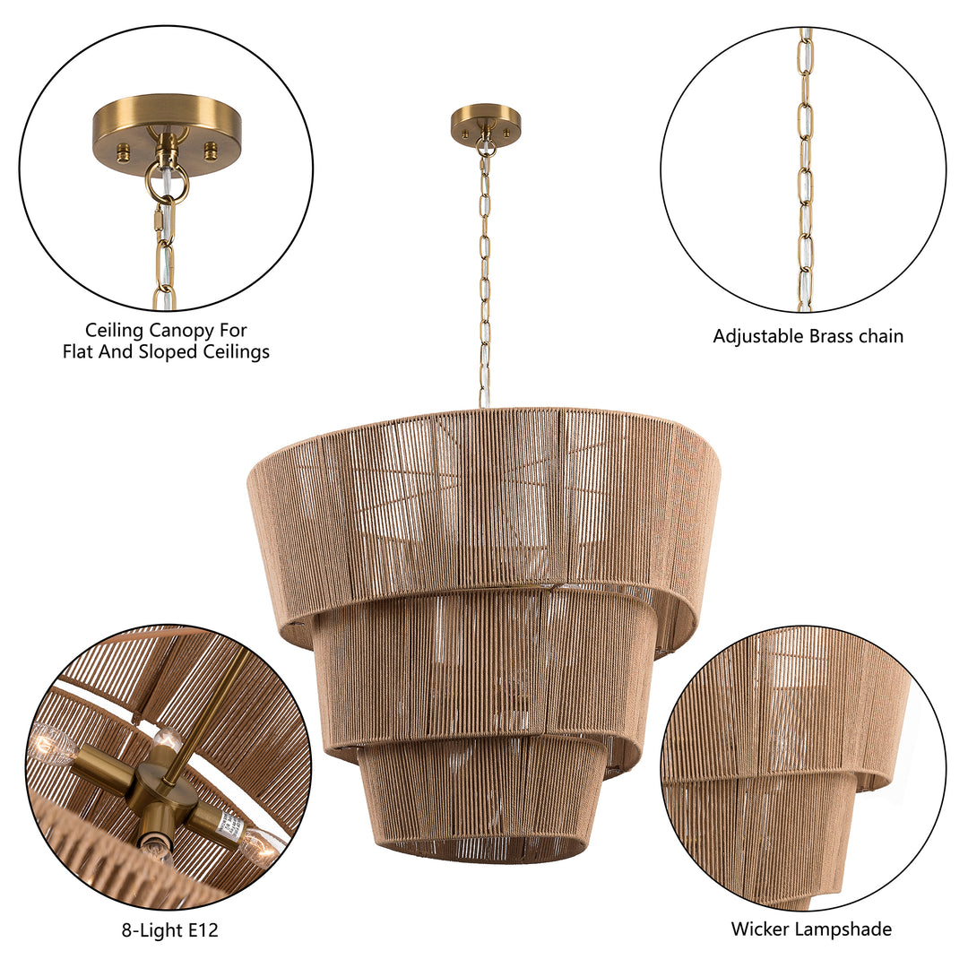 Shine 8 - Light 30"W Polished Brass Modern 3 Tiered Drum Chandelier With Rattan Shade For Dining Room Or Living Room #27009