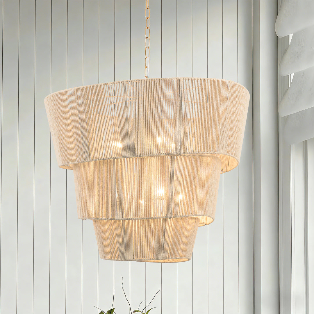 Shine 8 - Light 30"W Polished Brass Modern 3 Tiered Drum Chandelier With Rattan Shade For Dining Room Or Living Room #27009