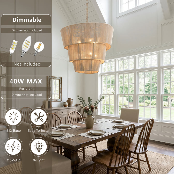 Shine 8 - Light 30"W Polished Brass Modern 3 Tiered Drum Chandelier With Rattan Shade For Dining Room Or Living Room #27009