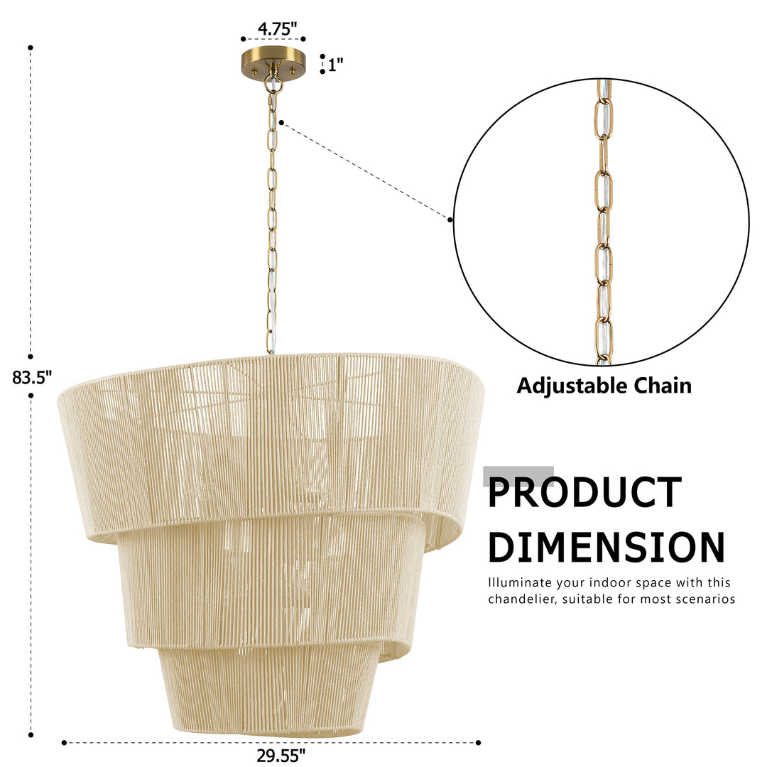 Shine 8 - Light 30"W Polished Brass Modern 3 Tiered Drum Chandelier With Rattan Shade For Dining Room Or Living Room #27009