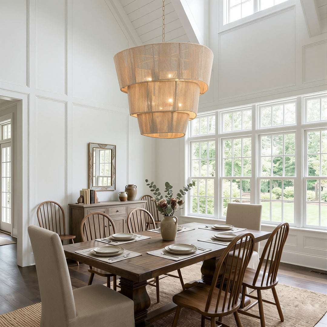 Shine 8 - Light 30"W Polished Brass Modern 3 Tiered Drum Chandelier With Rattan Shade For Dining Room Or Living Room #27009