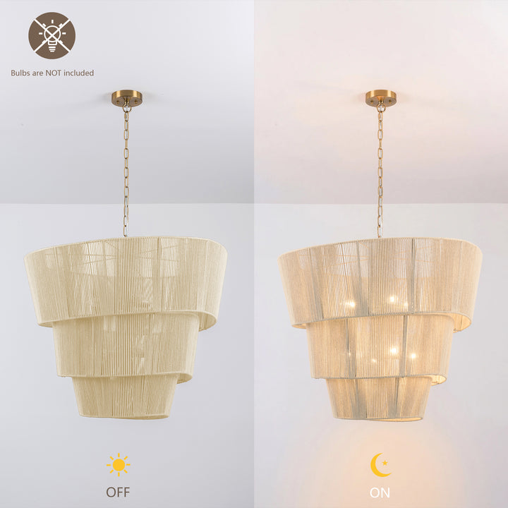Shine 8 - Light 30"W Polished Brass Modern 3 Tiered Drum Chandelier With Rattan Shade For Dining Room Or Living Room #27009