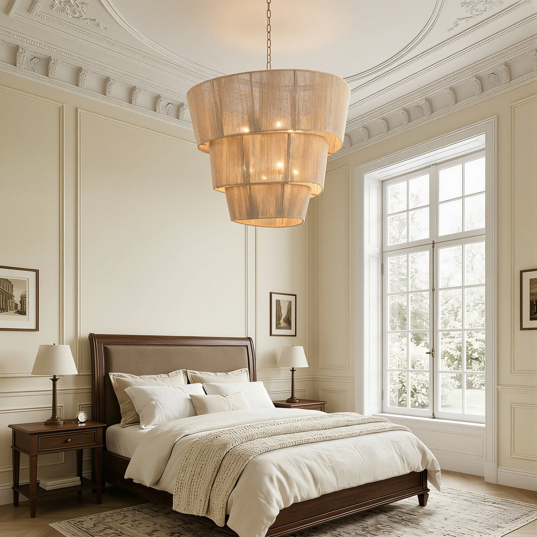 Shine 8 - Light 30"W Polished Brass Modern 3 Tiered Drum Chandelier With Rattan Shade For Dining Room Or Living Room #27009