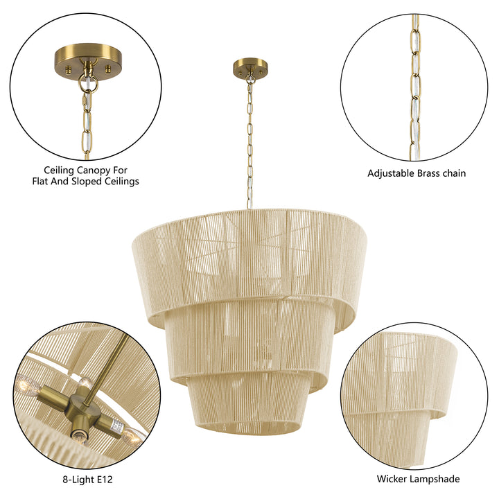Shine 8 - Light 30"W Polished Brass Modern 3 Tiered Drum Chandelier With Rattan Shade For Dining Room Or Living Room #27009