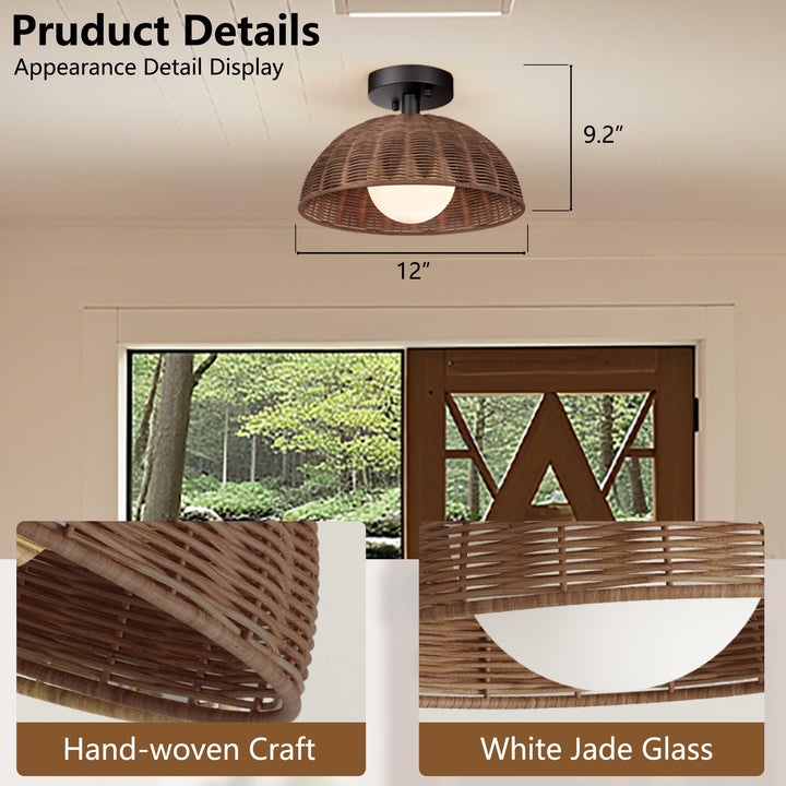 12'' 1-Light Farmhouse Rattan Plait Dome Semi Flush Mount Lighting For Living Room/Bedroom #28022