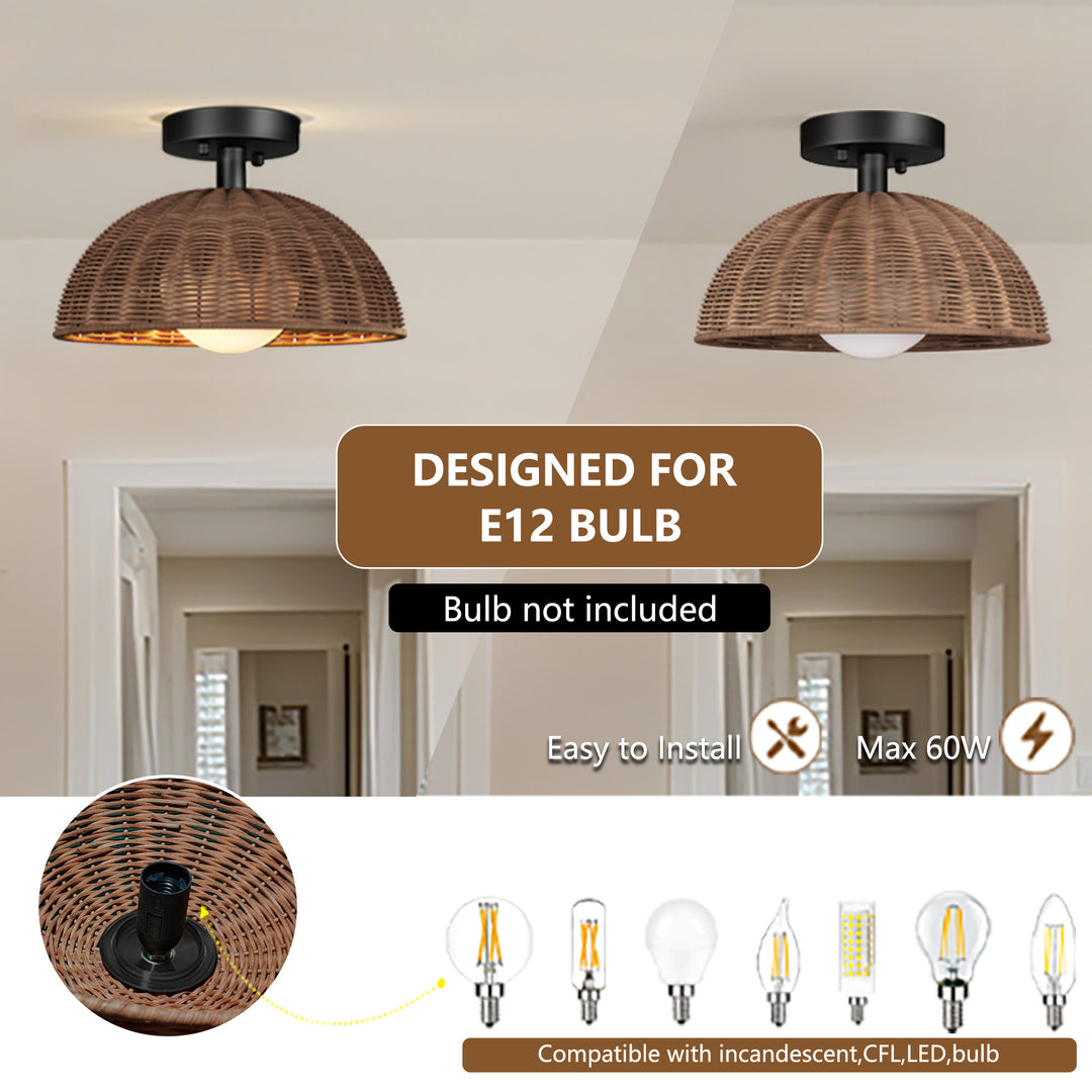 12'' 1-Light Farmhouse Rattan Plait Dome Semi Flush Mount Lighting For Living Room/Bedroom #28022