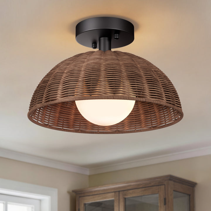 12'' 1-Light Farmhouse Rattan Plait Dome Semi Flush Mount Lighting For Living Room/Bedroom #28022