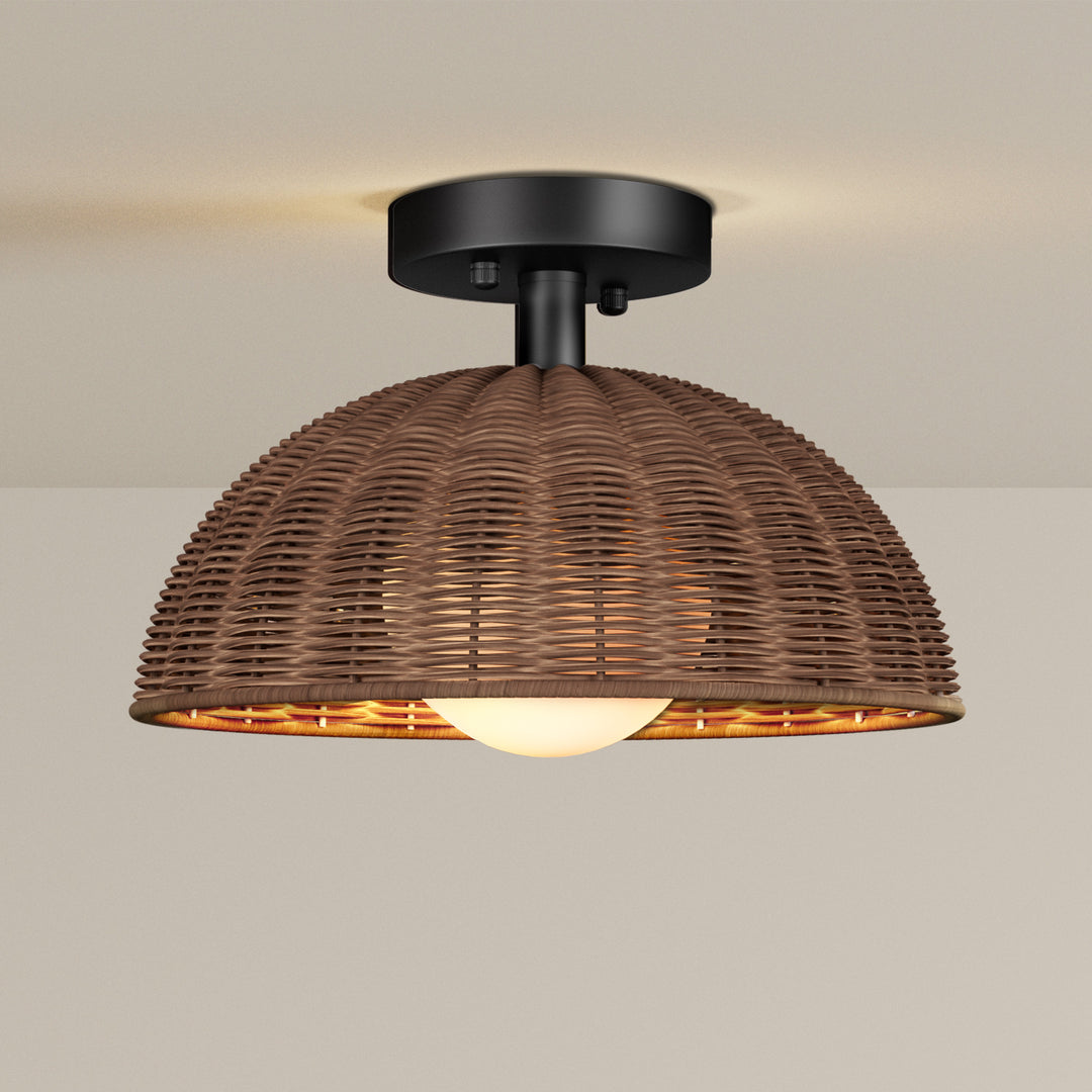 12'' 1-Light Farmhouse Rattan Plait Dome Semi Flush Mount Lighting For Living Room/Bedroom #28022