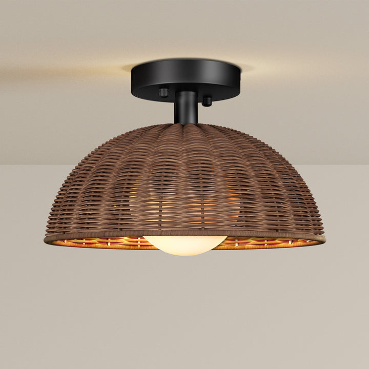 12'' 1-Light Farmhouse Rattan Plait Dome Semi Flush Mount Lighting For Living Room/Bedroom #28022