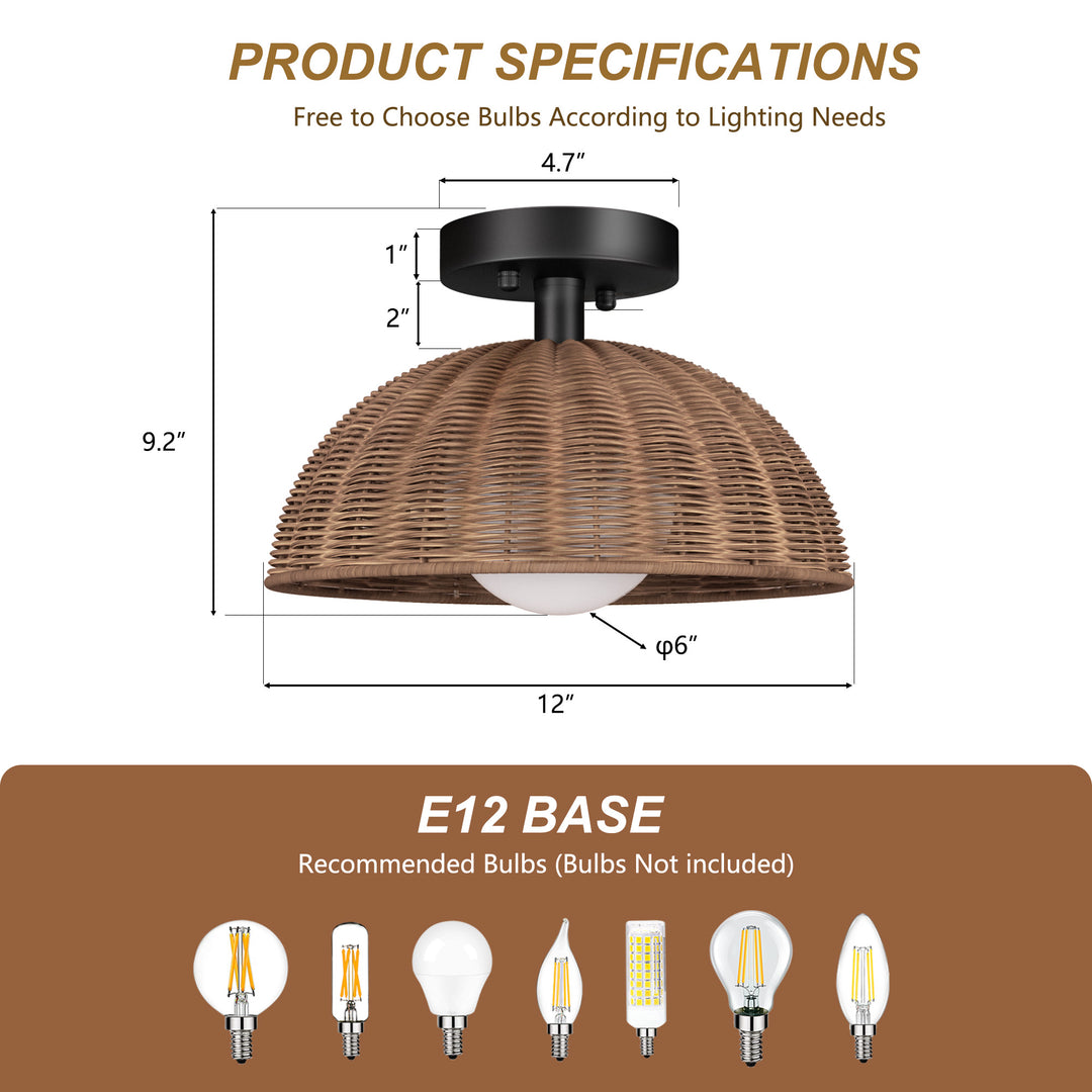 12'' 1-Light Farmhouse Rattan Plait Dome Semi Flush Mount Lighting For Living Room/Bedroom #28022