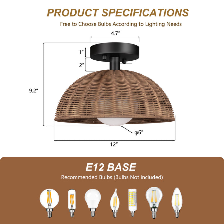 12'' 1-Light Farmhouse Rattan Plait Dome Semi Flush Mount Lighting For Living Room/Bedroom #28022