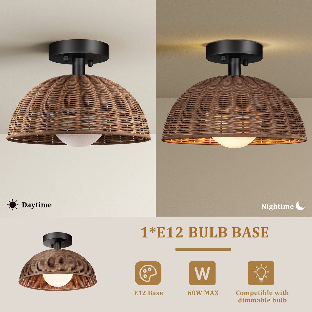 12'' 1-Light Farmhouse Rattan Plait Dome Semi Flush Mount Lighting For Living Room/Bedroom #28022