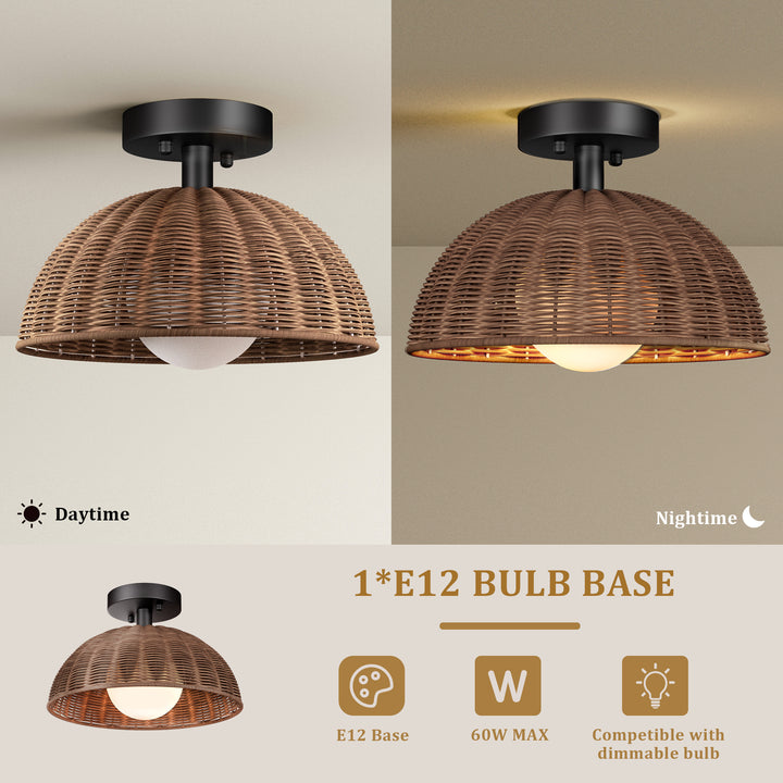 12'' 1-Light Farmhouse Rattan Plait Dome Semi Flush Mount Lighting For Living Room/Bedroom #28022