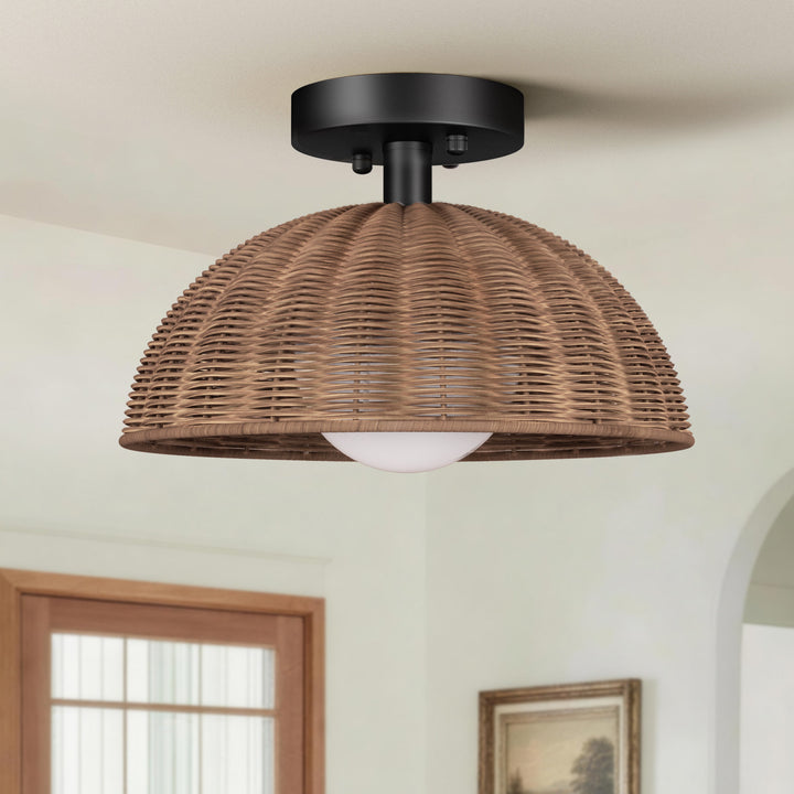12'' 1-Light Farmhouse Rattan Plait Dome Semi Flush Mount Lighting For Living Room/Bedroom #28022