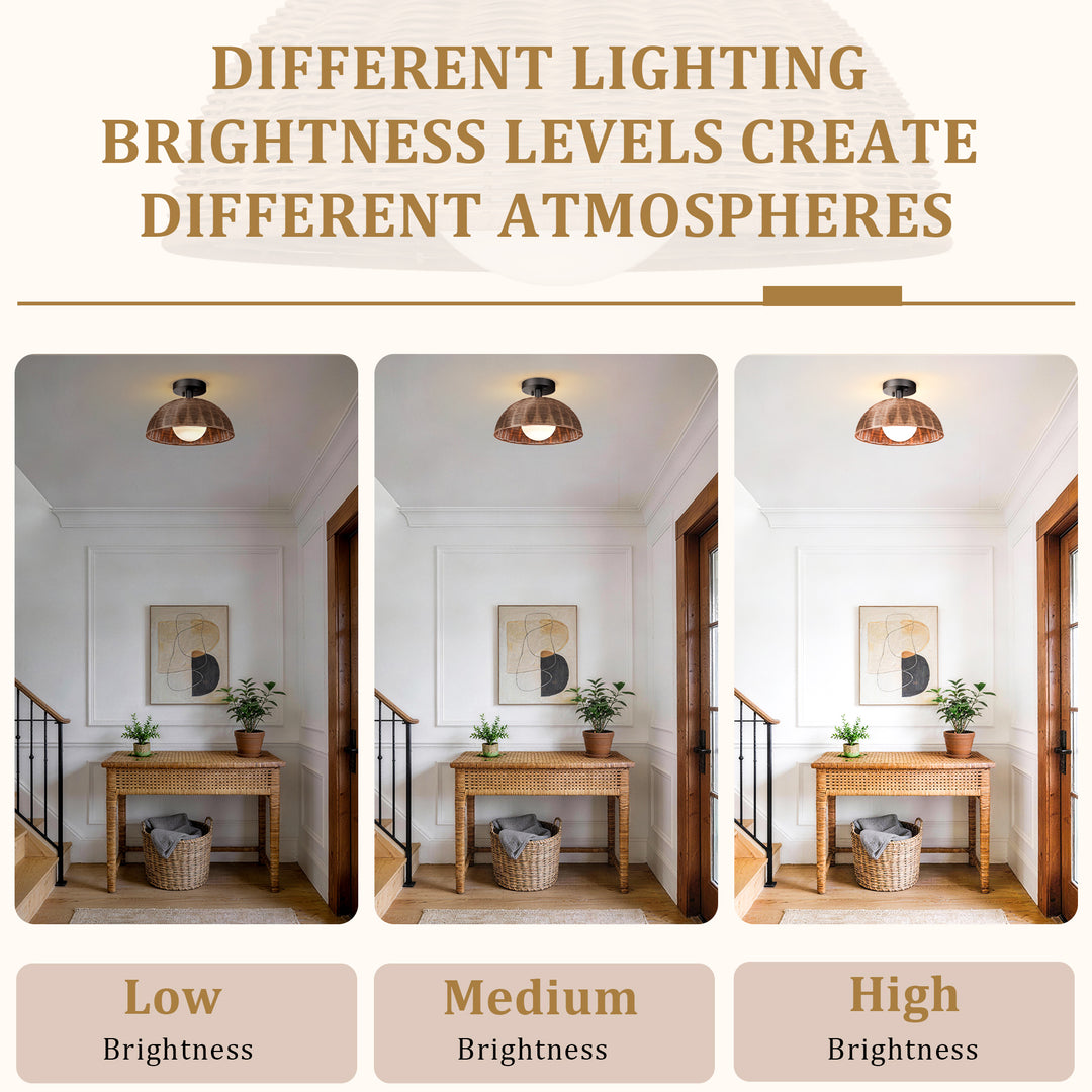 12'' 1-Light Farmhouse Rattan Plait Dome Semi Flush Mount Lighting For Living Room/Bedroom #28022