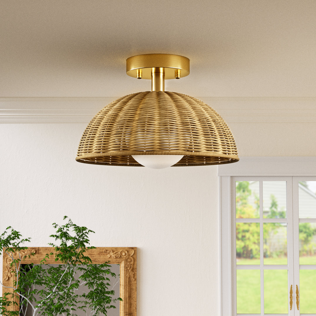 12'' 1-Light Farmhouse Rattan Plait Dome Semi Flush Mount Lighting For Living Room/Bedroom