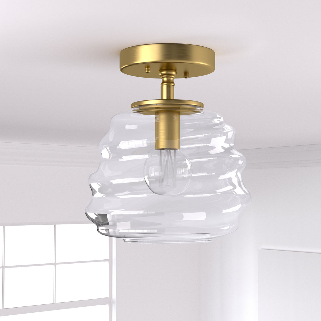 8''-1-light Electroplating Brass Metal And Glass Semi Flush Mount Lighting For Living Room/bedroom #28027