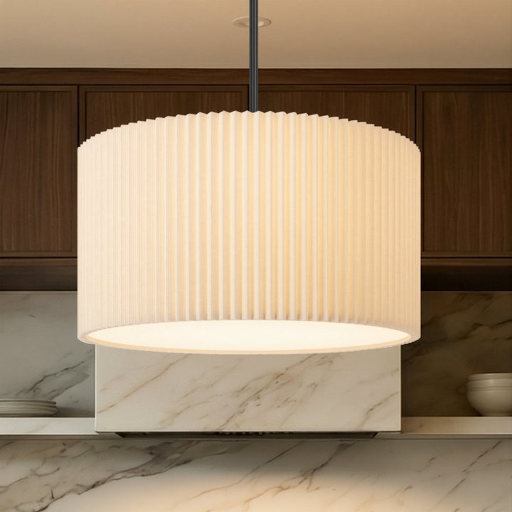 4-light Electroplating Brass White Linen Shade Drum Chandelier For Dining Room #28030