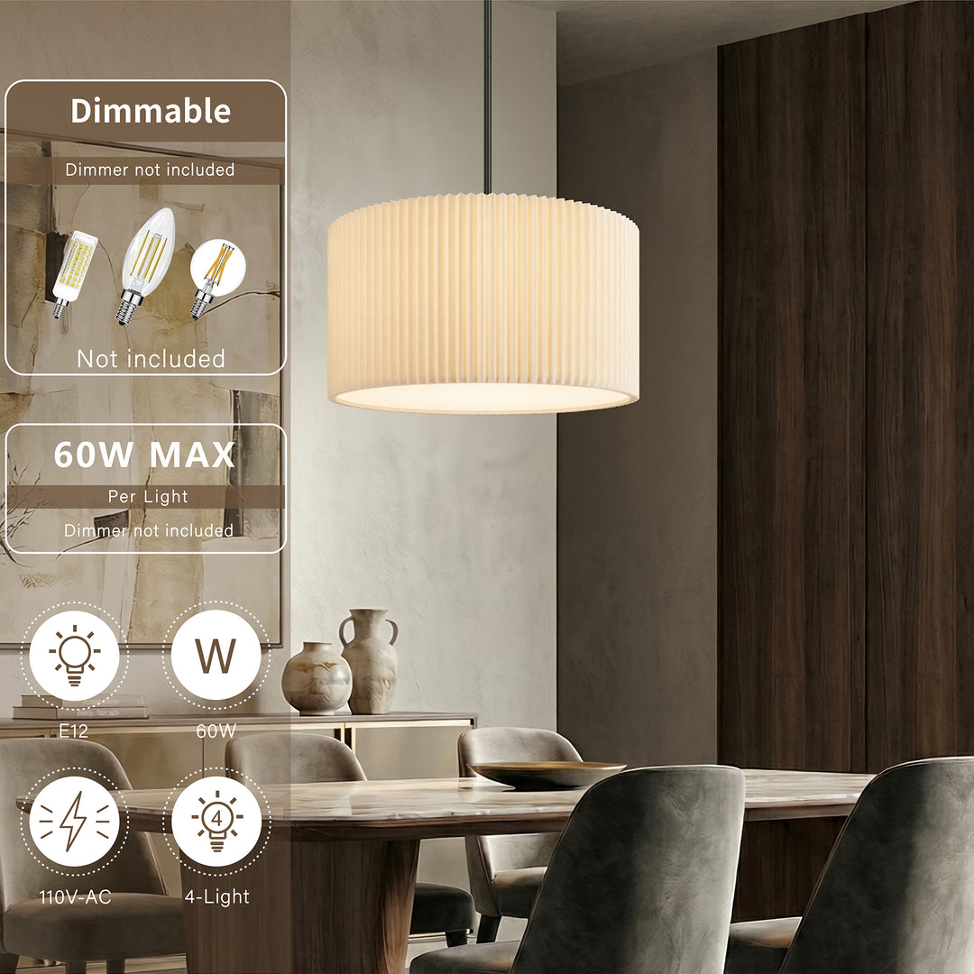 4-light Electroplating Brass White Linen Shade Drum Chandelier For Dining Room #28030