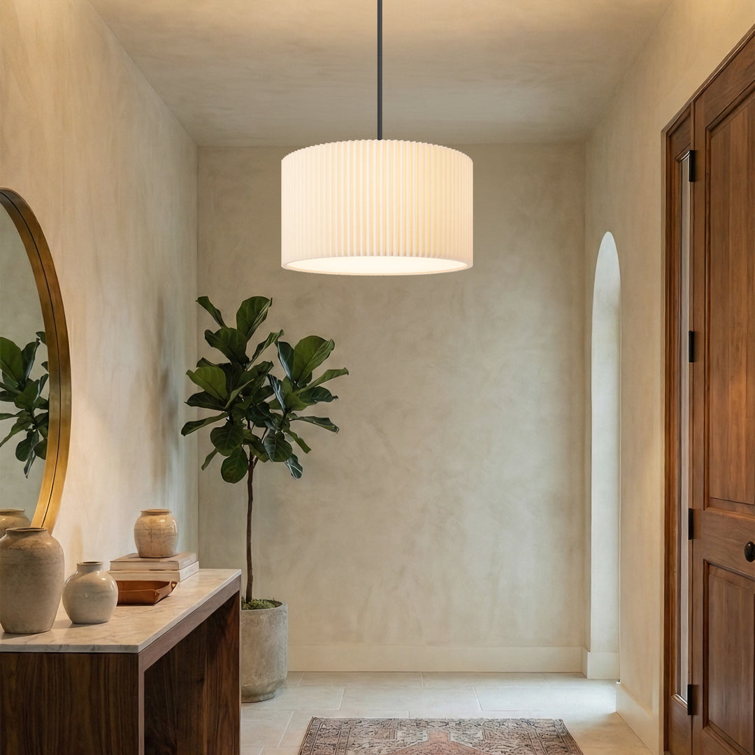 4-light Electroplating Brass White Linen Shade Drum Chandelier For Dining Room #28030